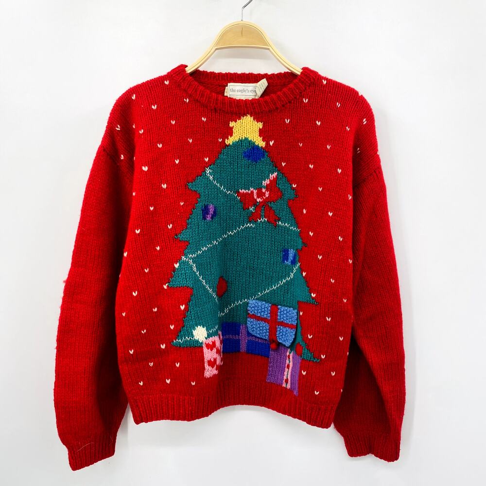 Vintage Christmas Hand Knit Sweater with Present Surprise